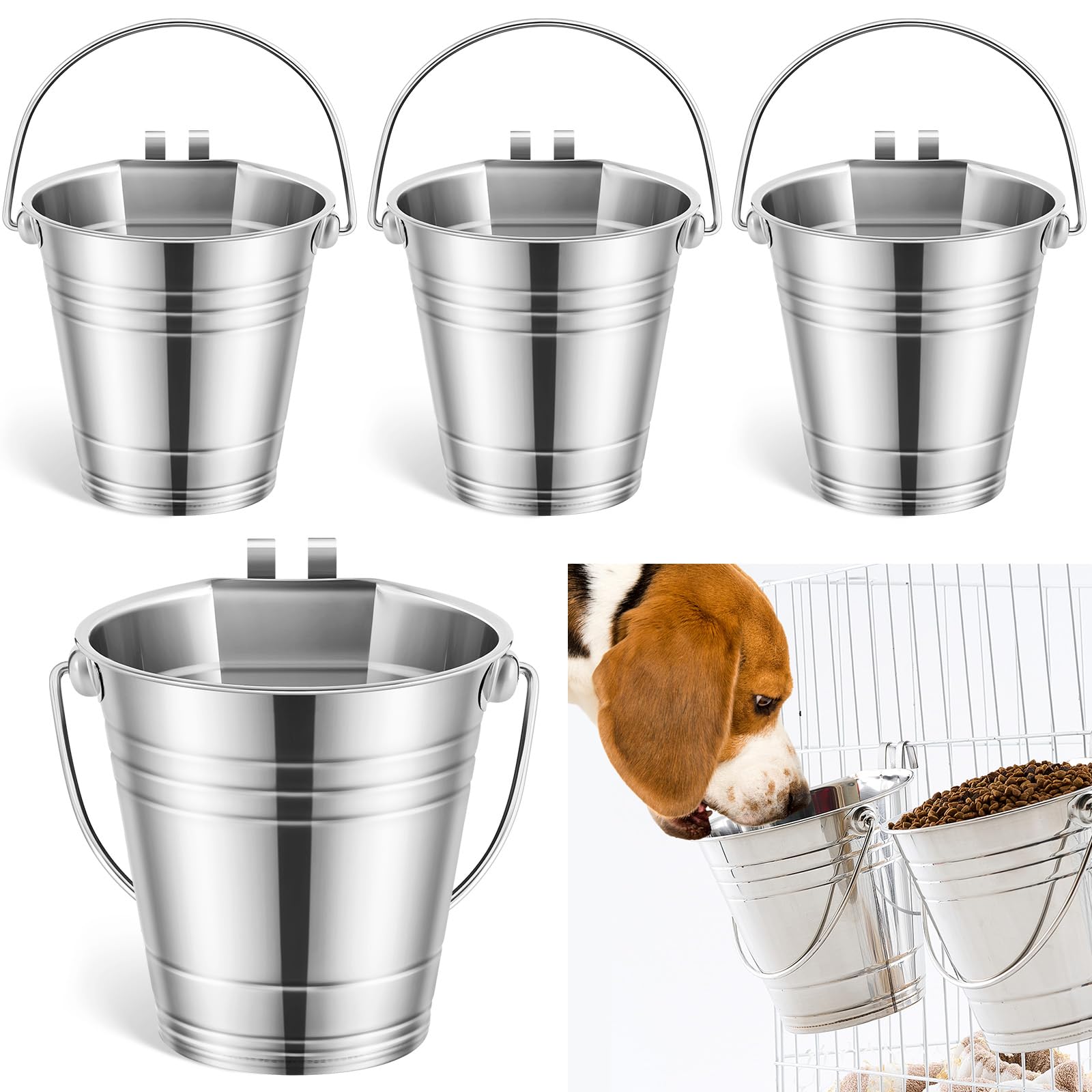 Honeydak 4 Pcs Flat Sided Pail with Dual Hooks, 2 Quart Stainless Steel