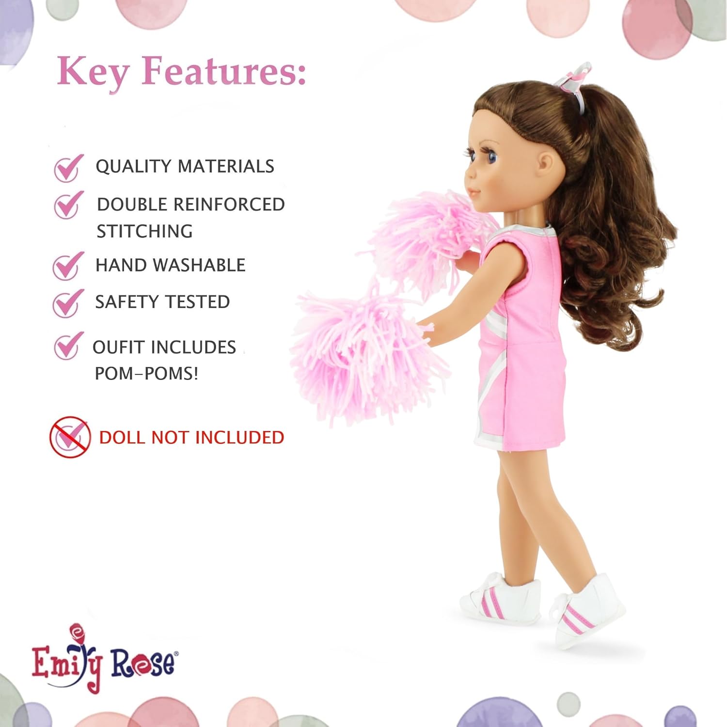 Emily Rose 14 Inch Fashion Doll Clothes 5-PC Pink Cheer Cheerleader Outfit, Includes Pom-poms, Bloomers, Hair Tie and Shoes | Halloween Costume for 14" Wellie Wisher Dolls | Doll NOT Included