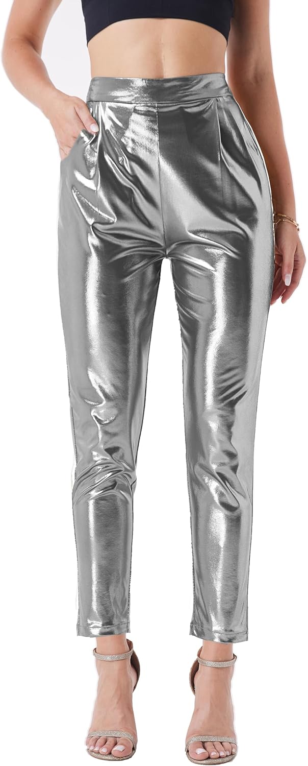 heipeiwa Women's Shiny Metallic Cropped Pants Party Club Disco Wear Sequin Casual Dress Pants