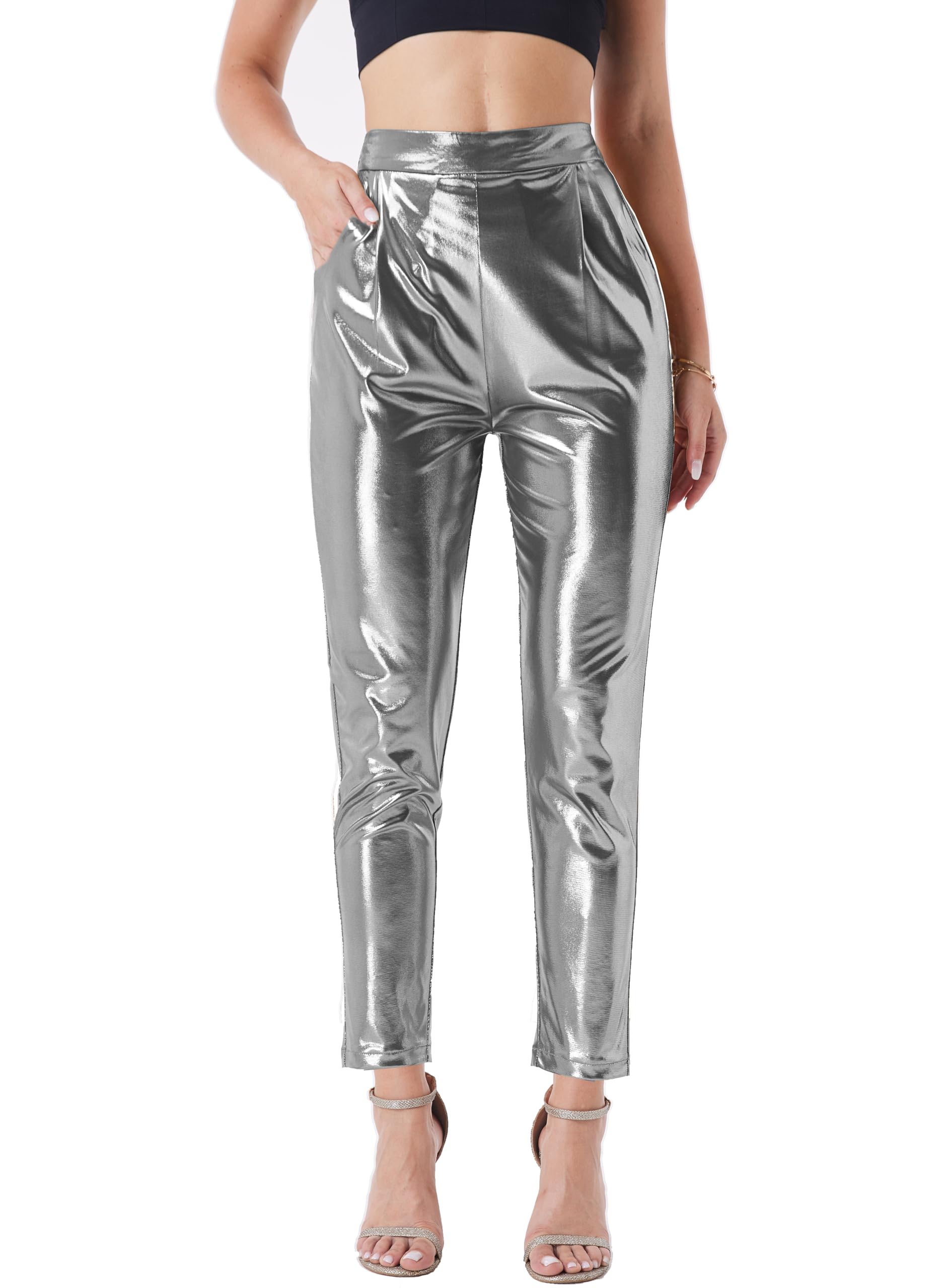 heipeiwa Womens Shiny Metallic Cropped Pants Party Club Disco Wear Sequin Casual Dress Pants