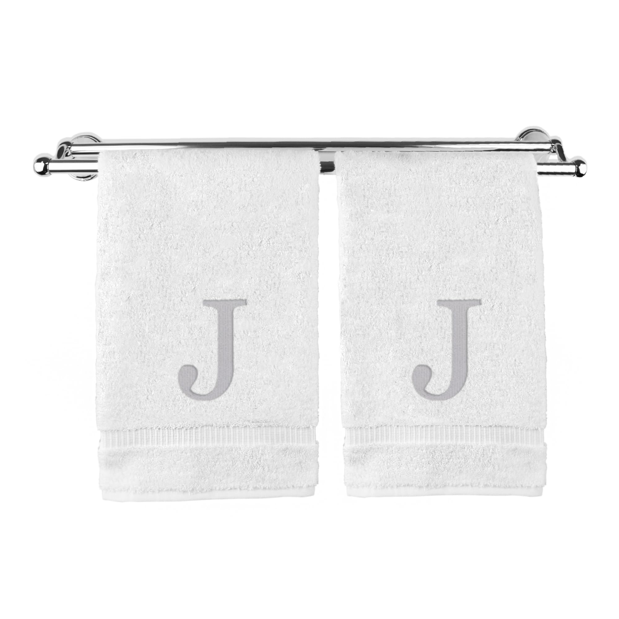 Toalla de mano con monograma, regalo personalizado, juego de 2 toallas bordadas con letras plateadas - Extra absorbente 100% algodón turco - Acabado de rizo suave - Inicial J blanca