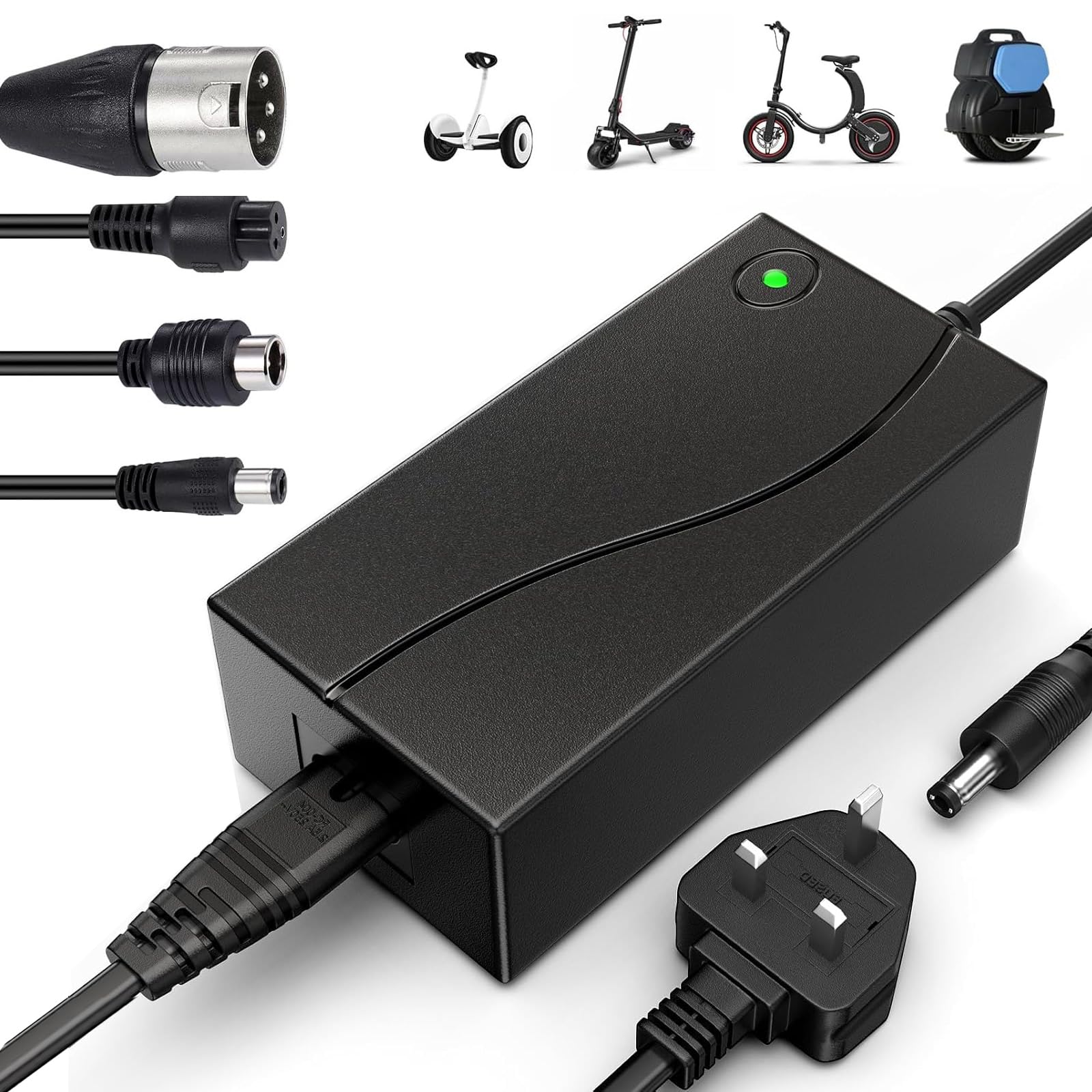 42V/2A Electric Scooter Charger, Universal with 4 Connections for 36V Li-ion Battery Fast Charger for Xiaomi/Ninebot, Mobility Scooter, Hoverboard, Electric Bike, Drift Board, Unicycle (Deep black)