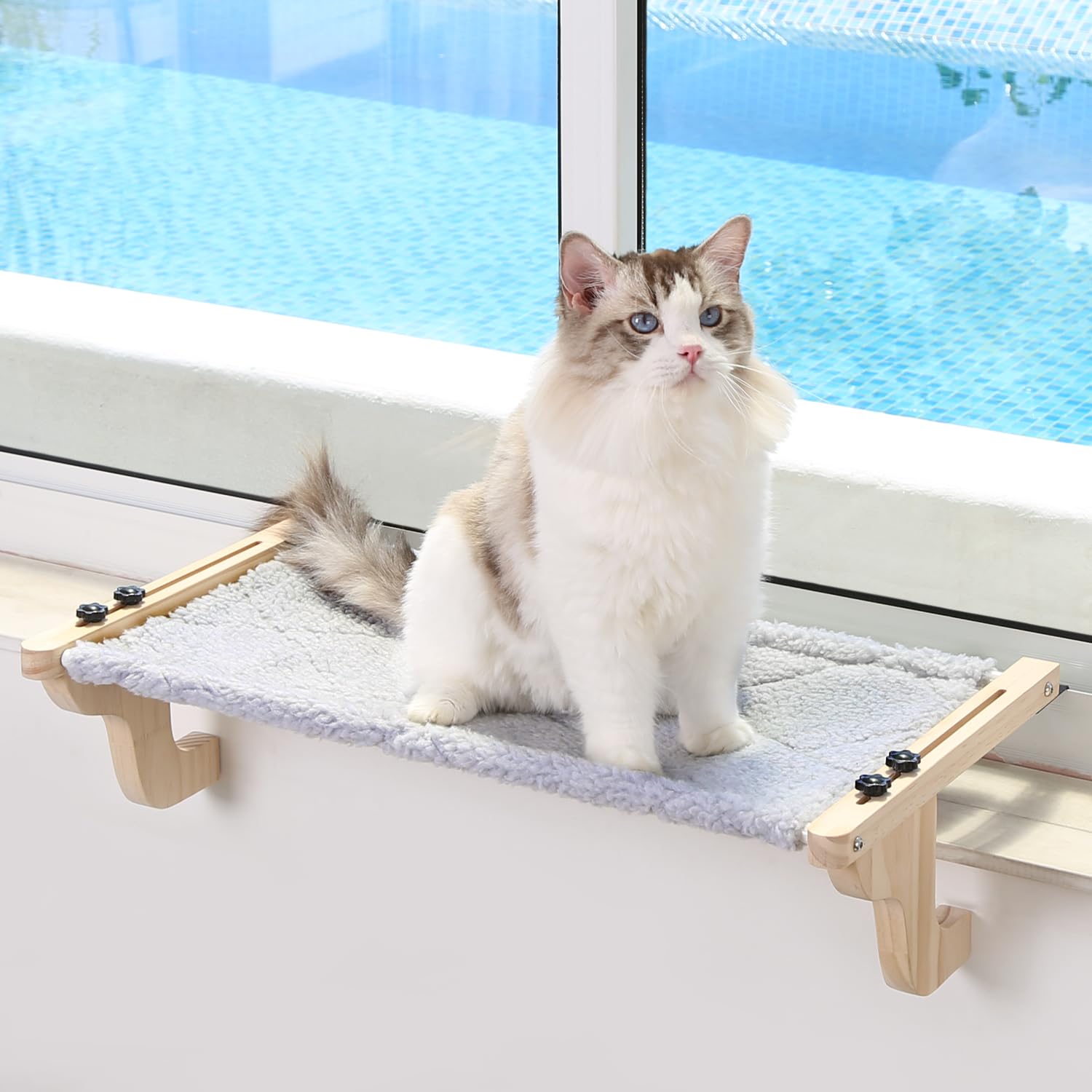 Photo 1 of Zakkart Easy Seat Cat Perch for Window Sill - Hammock Design w/Pine Wood & Robust Metal Frame - Cat Window Seat for Large Cats and Kittens (Natural Color Wood w/Gray Bed, Large (26''W x 14''D))