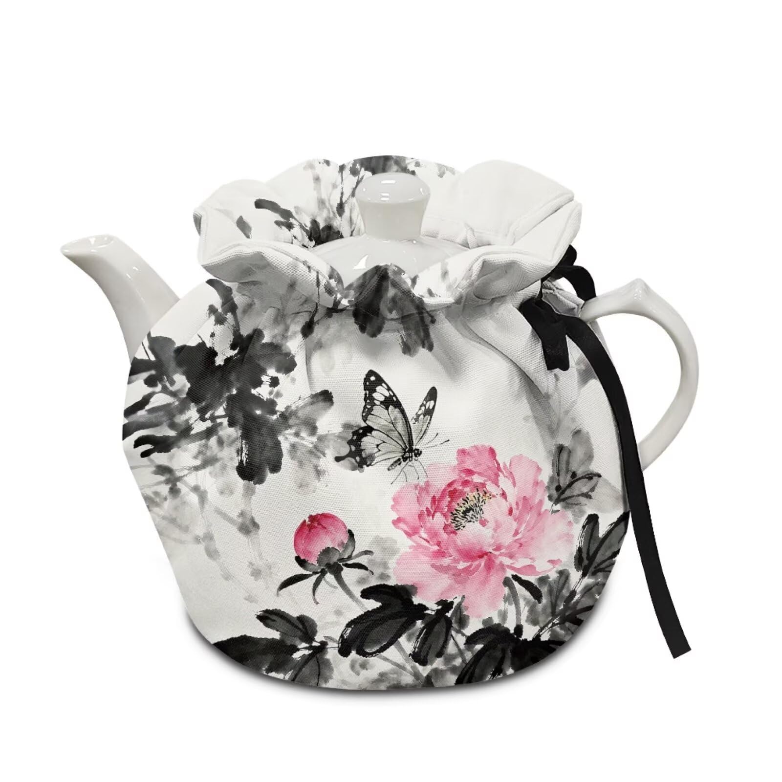 Xoenoiee Butterfly Ink Wash Lotus Flower Pattern Tea Cozy Tea Pot Cover Insulation Tea Cosy Teapot Dust Cover Teapot Warmer for Home Kitchen Teapot Covers