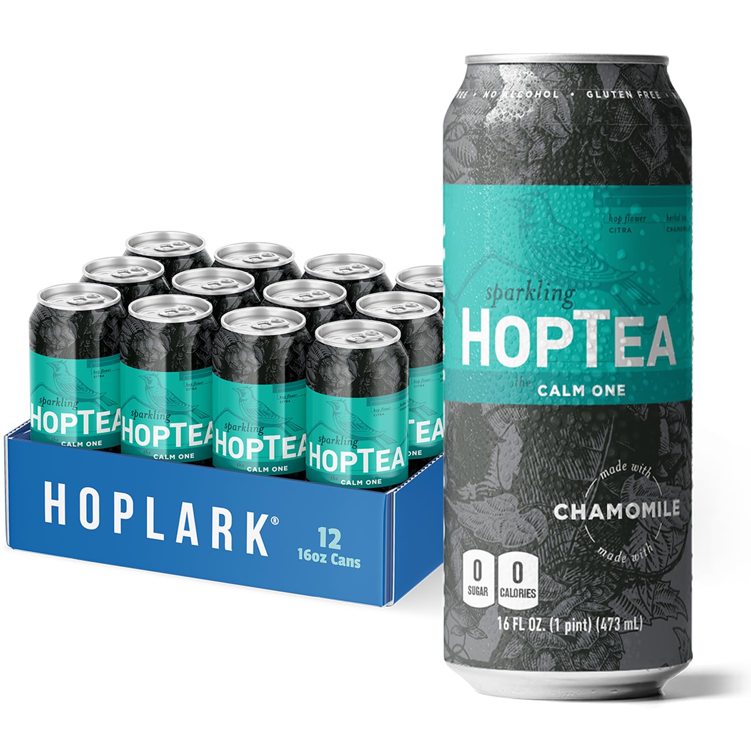 HOPLARK Sparkling HopTea – Chamomile and Citra Hops – Herbal Sparkling Tea with Floral Citrus and Cinnamon Notes – Zero Calorie – Caffeine-Free – 12 Pack 16oz Cans - The Calm One.