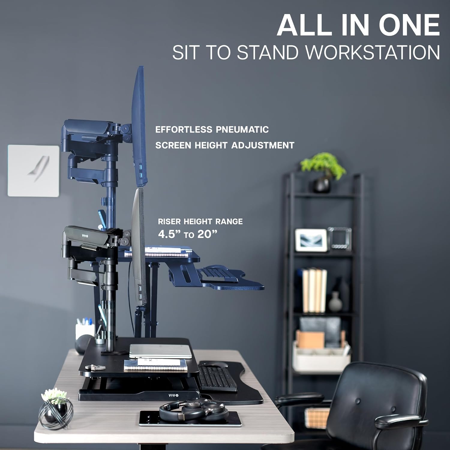 VIVO 42 inch Standing Desk Converter with Dual Monitor Mount for up to 32 inch Screens, Height Adjustable Riser with Mechanical Spring Arms, Black, DESK-KIT-042K2K