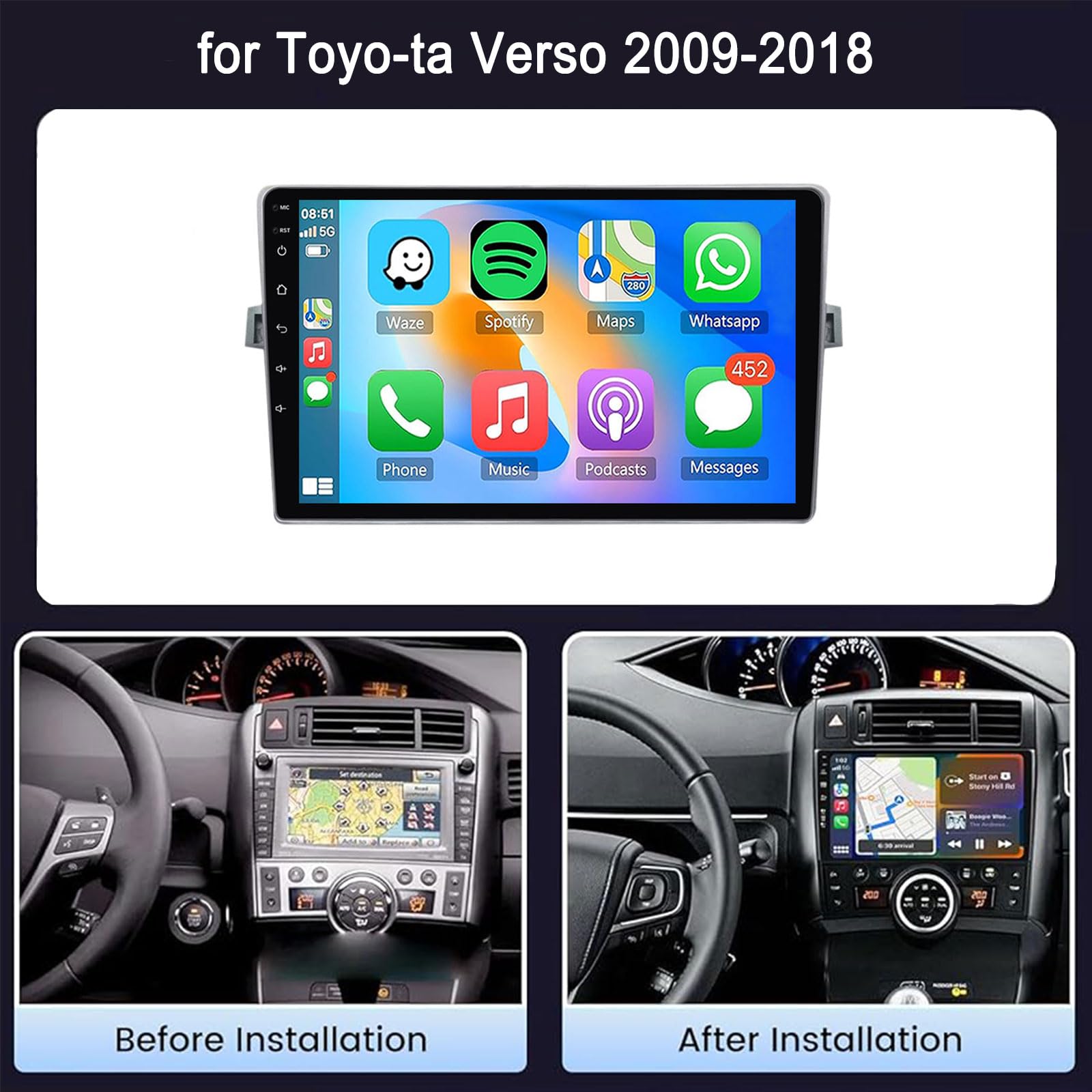 Radio Para Coche Para Toyo-ta Verso 2009-2018 - Carplay Y Android Auto Inalámbricos - Estéreo Android 15 Con Pantalla Táctil De 9'' - DSP/GPS/SWC/WiFi/Bluetooth/FM/RDS Cámara De Reve(Size:8Core 4+32G)