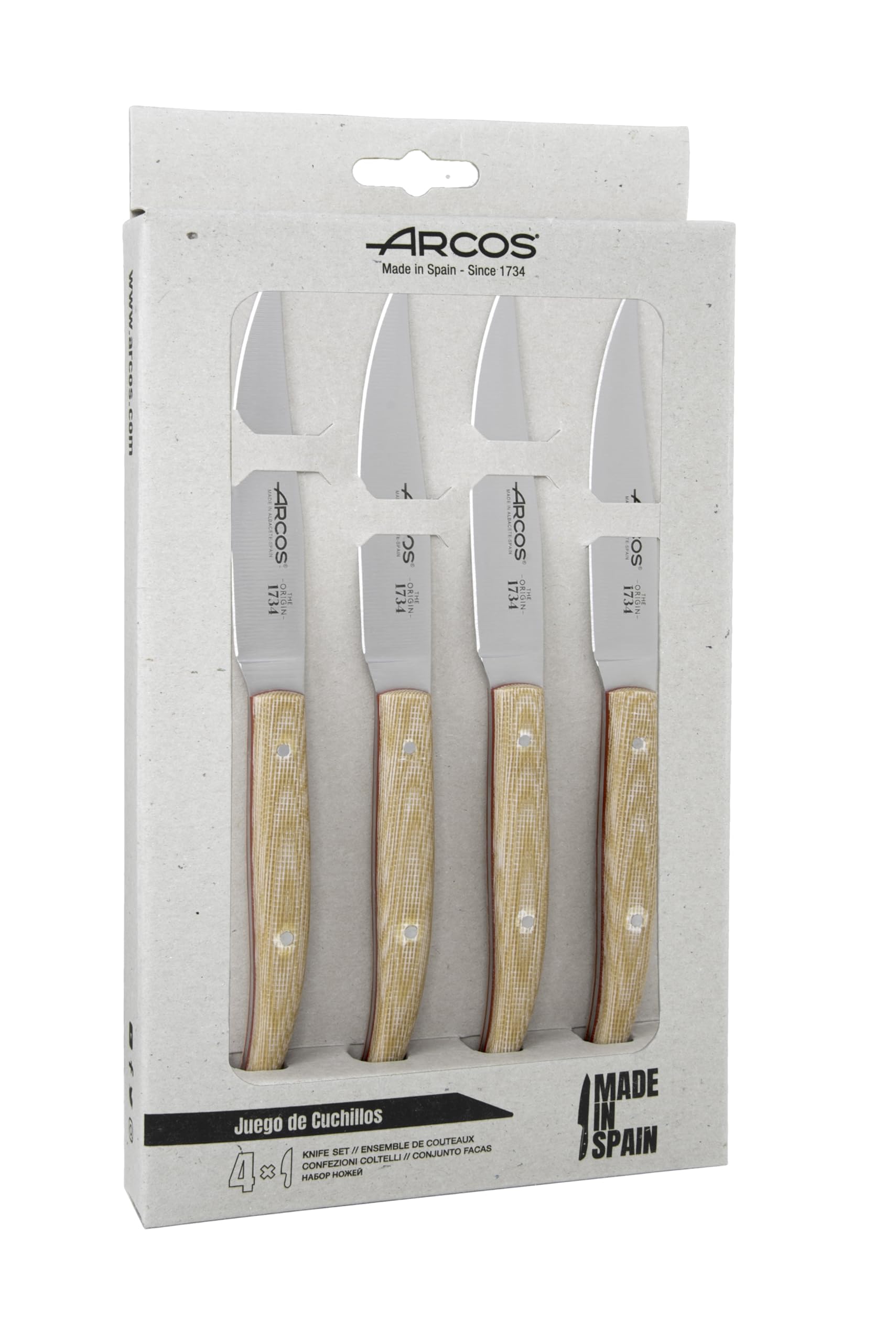 Arcos Serie Cuchillos de Mesa, Juego de Cuchillos de Mesa 4 piezas, Cuchillos Chuleteros, Hoja Filo de Acero Inoxidable Nitrum de 110 mm, Mango Madera Palisandro Color Marrón claro