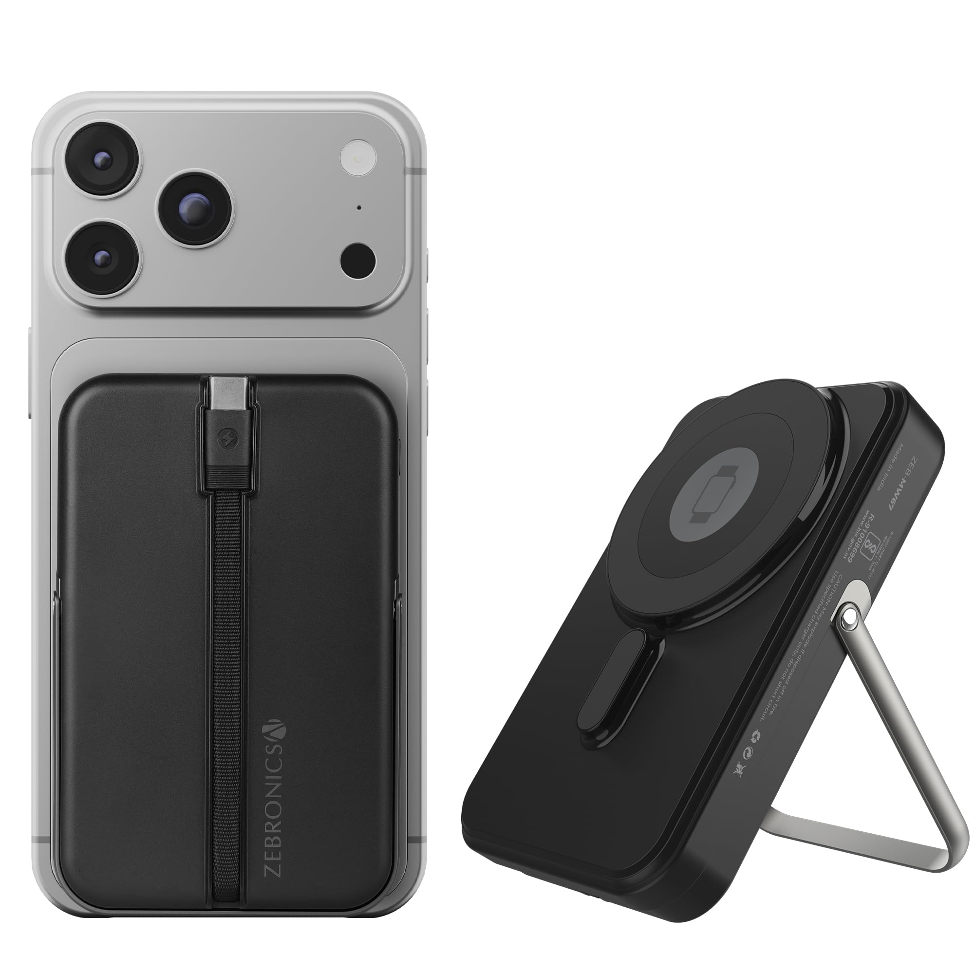 ZEBRONICS MW67 Wireless Power Bank, 10000 mAh, Rapid Charge, Magsafe Compatible, Outputs - 22.5W Wired | 15W Wireless, Type C Output Cable | Type C I/O Port | USB Output Port, Made in India