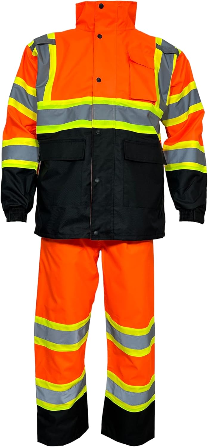 Reflective Rain Suits For Men Waterproof - Jacket Pants High Visibility Reflective Black Bottom