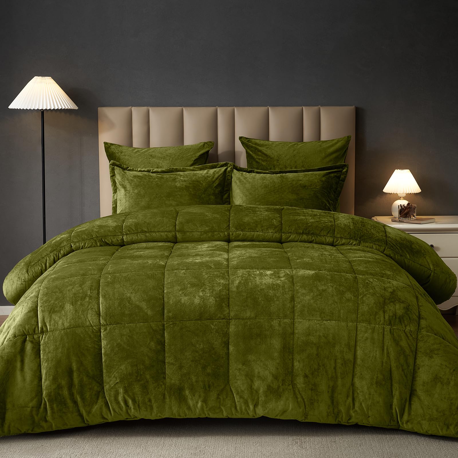 phf double-sided velvet comforter set queen size, 5 piece soft luxury winter warm bedding sets, modern bed in a bag including 1 cozy comforter, 2 pillow shams, 2 euro shams for home decor, olive green