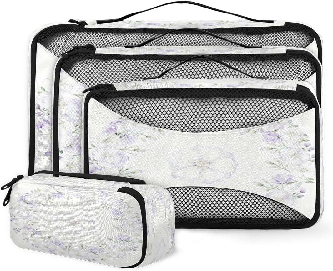 Purple white flower Travel packaging box 4 sets - 4 sizes of durable luggage storage boxes,comprehensive packaging boxes for toiletries,underwear,shoes,and travel essentials