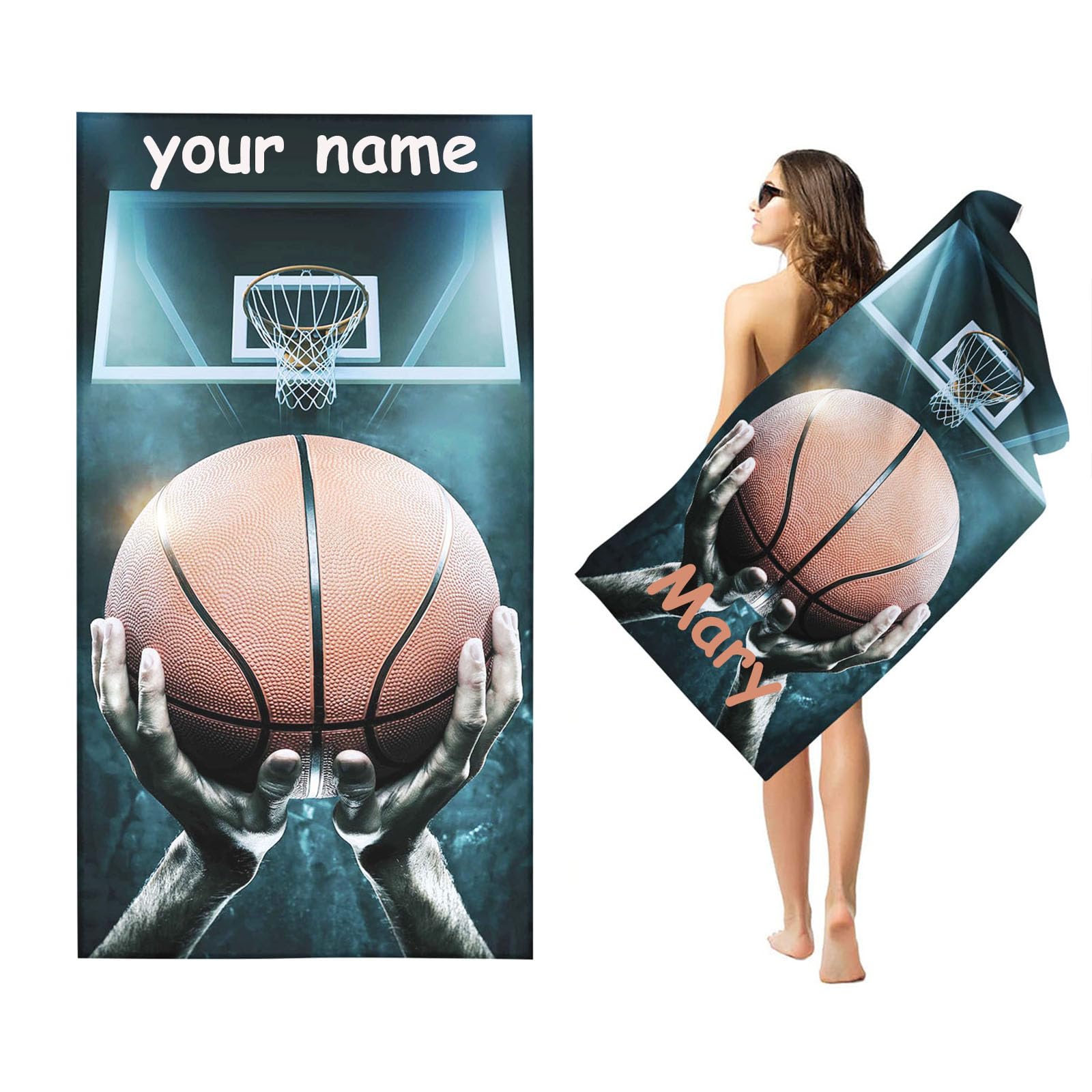 Fadaing Personalised Basketball Beach Towel with Name, Basketball Towel with Name, Bath Towel for Boys, Microfibre Beach Towel, Large 90 x 180 cm, Bath Towel Basketball for Beach (40 x 80 cm, 2)