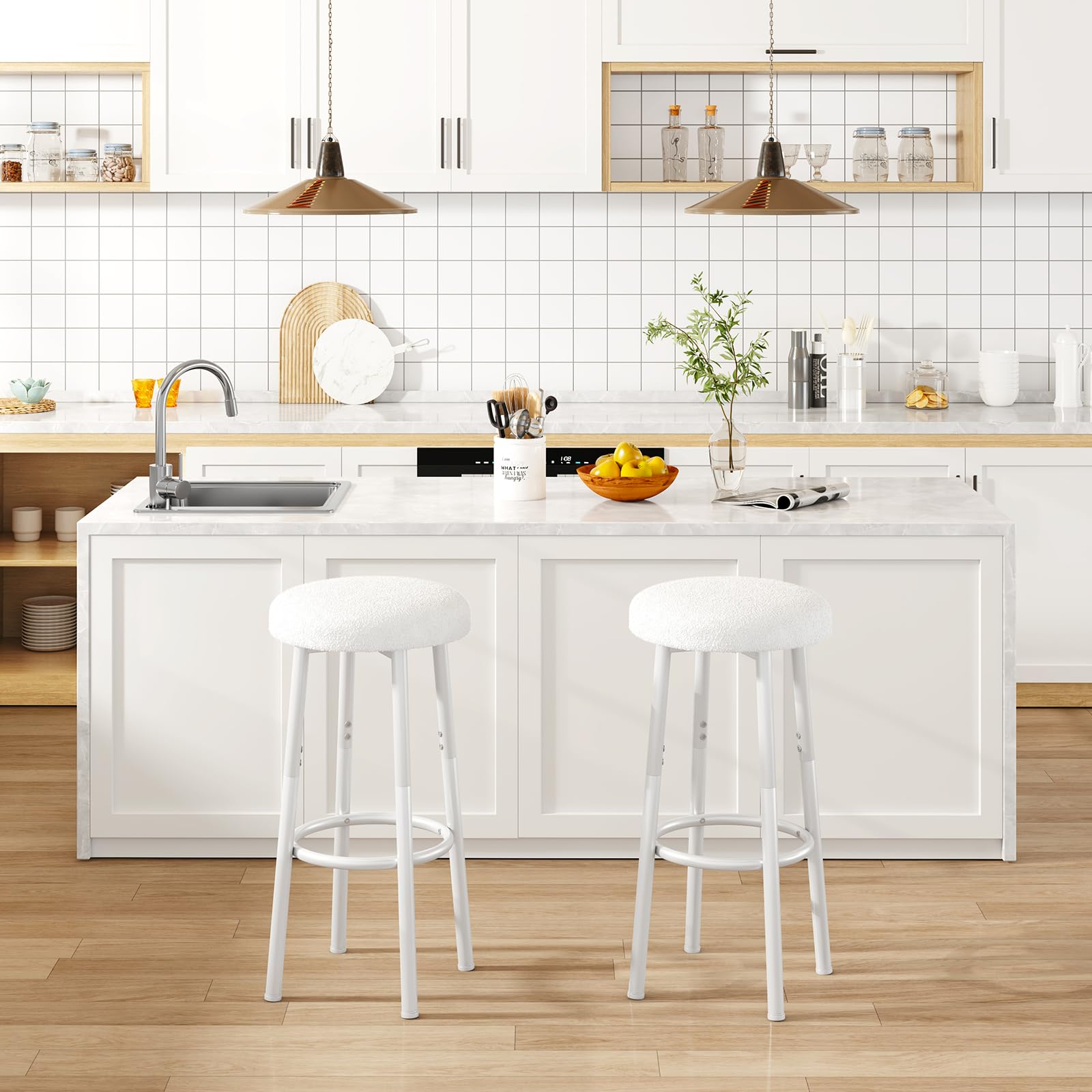 YMYNY 67 cm Tabourets Bar Lot de 2 Métal Tissu, Blanc HBS515W