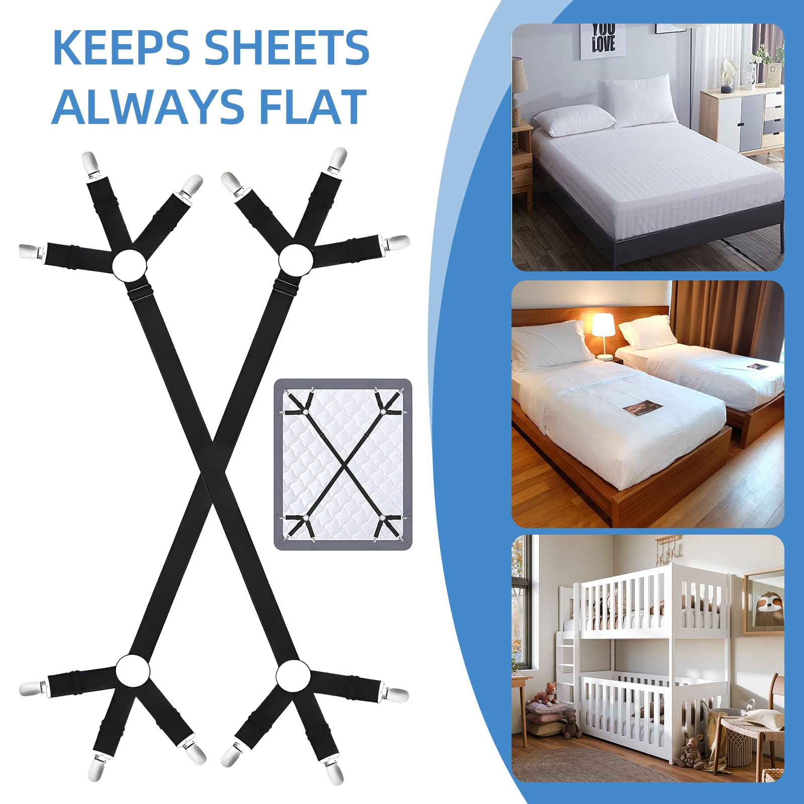 QILUCKY 2 Pcs Black Bed Sheet Clips,Crisscross Fitted Sheet Straps for Bedding,Adjustable Bed Sheet Straps,Mattress Sheet Clips Straps,Sheet Holders Straps for Bedding - Image 2