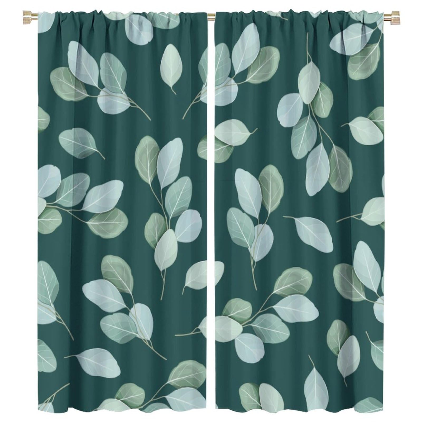 Eucalyptus Curtains Nature Botanical Blackish Green Leaves Pattern Blackout Print Rod Pocket Window Drapes for Bedroom Living Room 55x63in