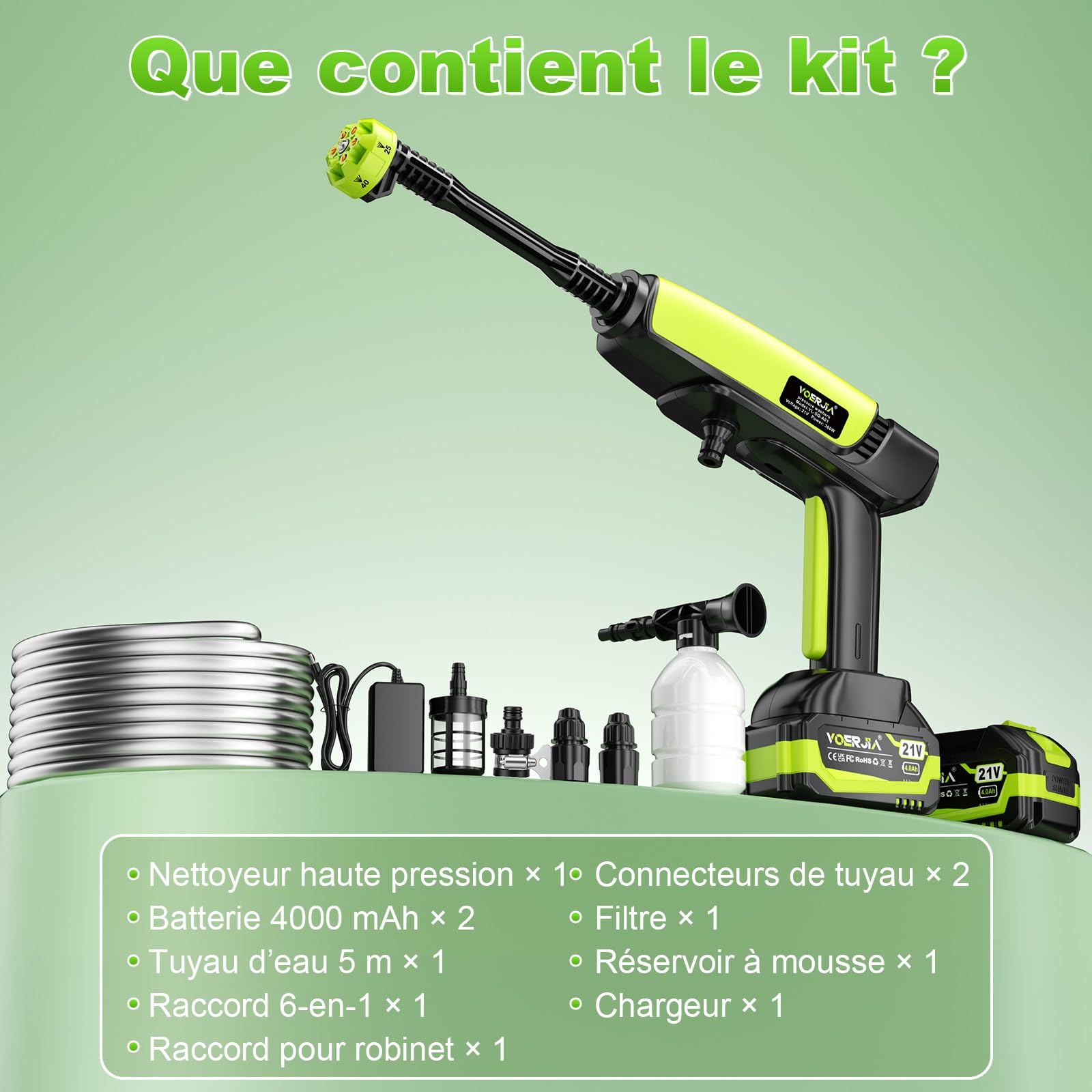 VOERJIA Nettoyeur Haute Pression sans Fil 21V - 1000 PSI Pistolet de Lavage Portable avec 2 Batteries 4.0Ah (Indicateur LED), Buse 6-en-1 pour Voiture, Vélo, Terrasse, Fenêtre et Jardin