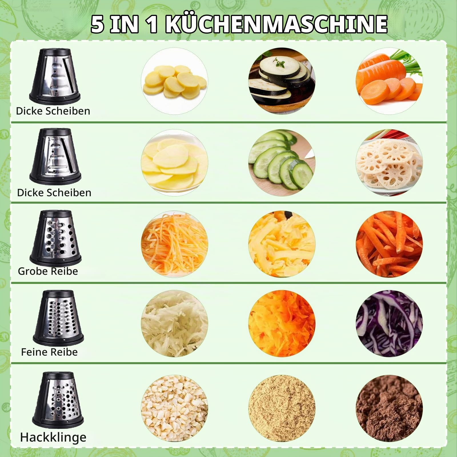 Gemüseschneider Elektrisch 5-in-1,Profi Gemüsehobel Edelstahl,Multi Gemüsehobel für Haus& Salat Zubereitung,500W Küchenreibe mit 5 Edelstahl-Klingen für Käse,Gemüse & Obst