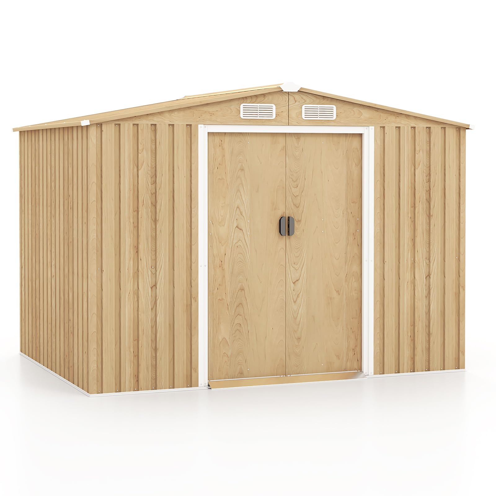 GOPLUS 4,47m² Abri de Jardin Naturel avec Bas, Cabane à Outils en Acier Galvanisé 8,23m³, Résistant aux Intempéries, Porte Verrouillable, Toit en Pente, Bouches d'Aération, pour Jardin (259x196x184cm)