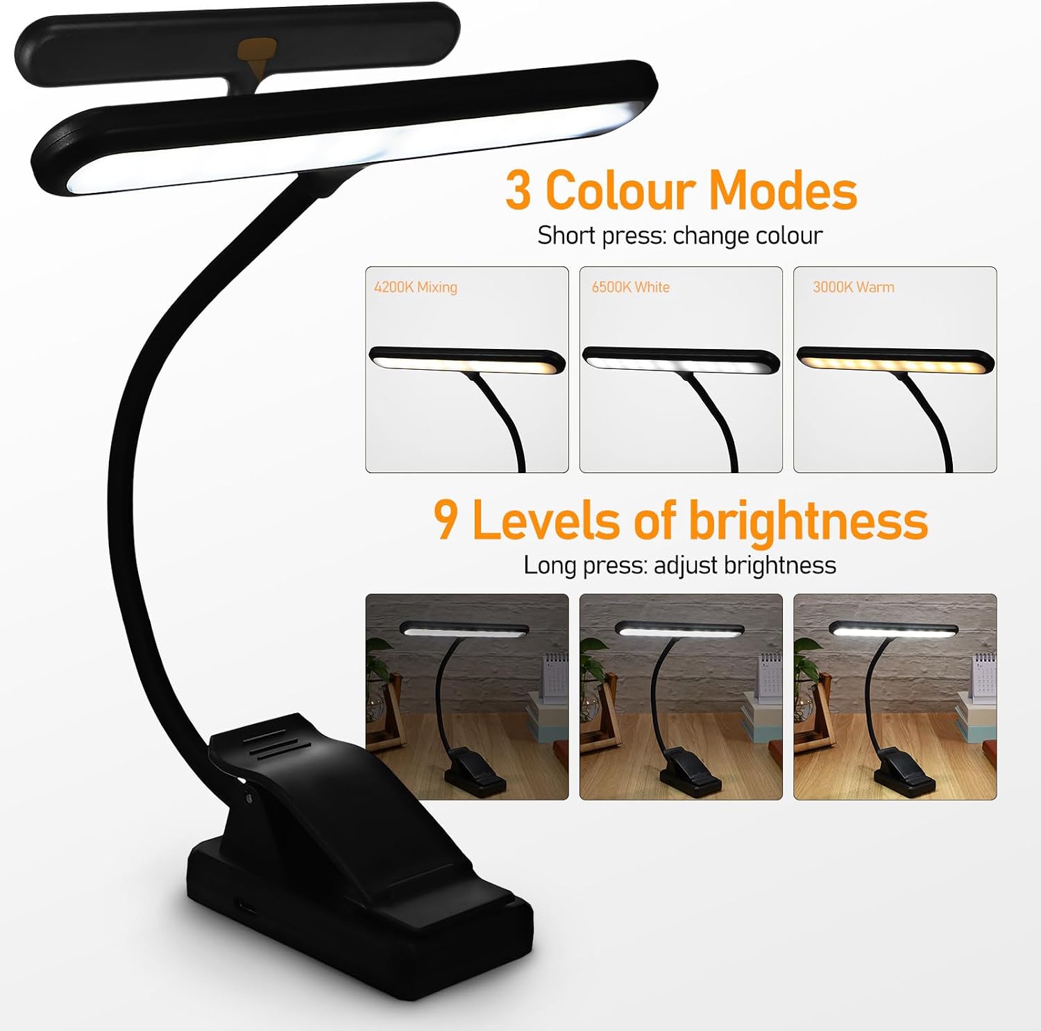 Clip-on LED Music Stand Light Xy-2069 with 27-Level Battery Indicator, 6-Stage Adjustable Brightness USB Rechargeable Reading Lamp for Piano and Keyboard Use
