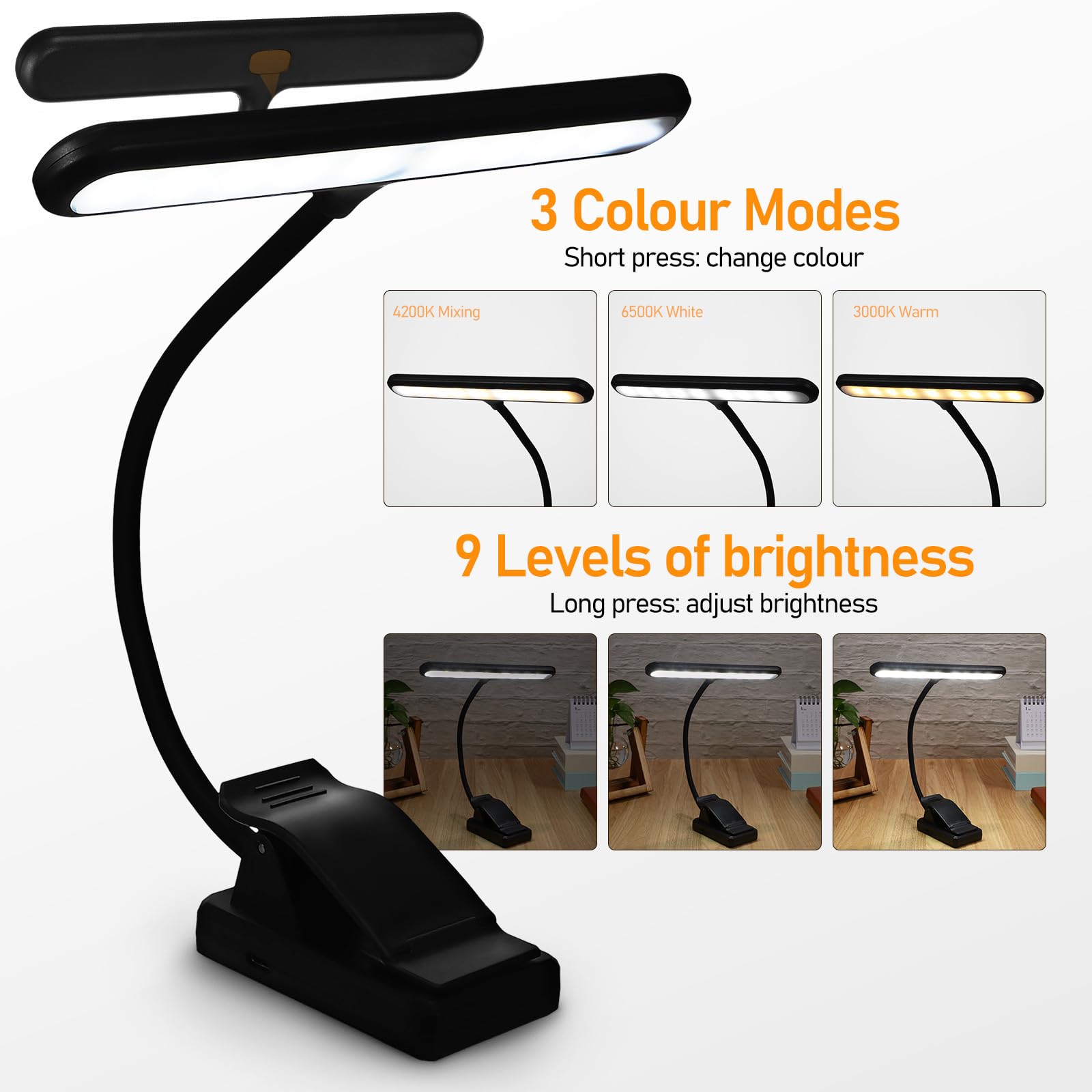 Lampada da Lettura Clip per Pianoforte e Leggio, Luce LED Ricaricabile 27 Luci Display Potenza e 6 Livelli, Adatta per Musicisti e Lettura Serale