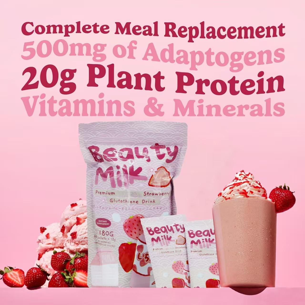 Milkshake aux fraises | Blanchiment de la peau au glutathion ， Aide à la santé de la, nourrit la peau, maintient une apparence jeune et favorise le métabolisme