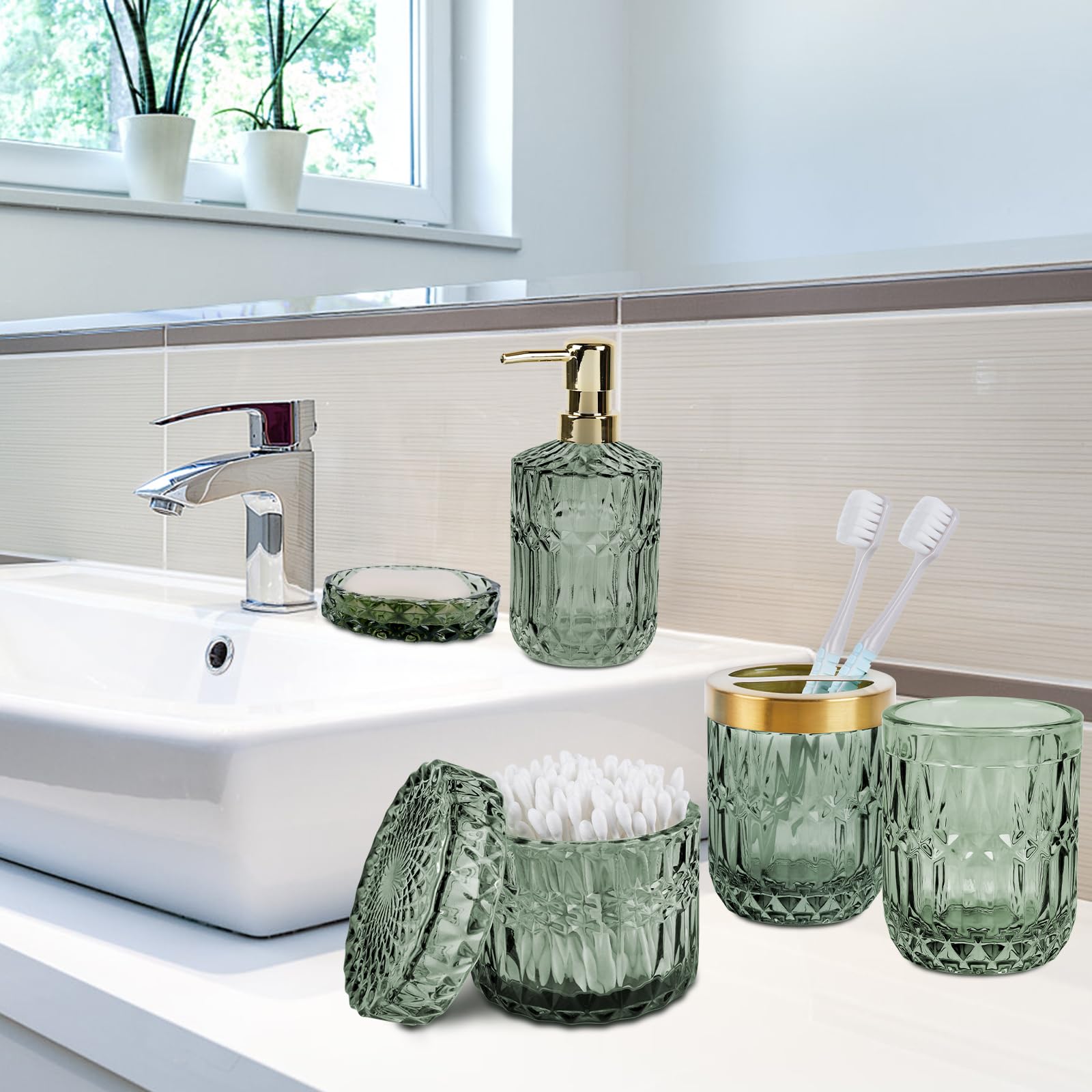 Set di 5 Bagno Accessori Completo, Set Bagno Accessori in Vetro, Include Dispenser Sapone, Portaspazzolino, Tazza per Collutorio, Barattolo per Tamponi di Cotone, Portasaponetta (Verde Set di 5 Bagno Accessori Completo, Set Bagno Accessori in Vetro, Include Dispenser Sapone, Portaspazzolino, Tazza per Collutorio, Barattolo per Tamponi di Cotone, Portasaponetta (Verde
