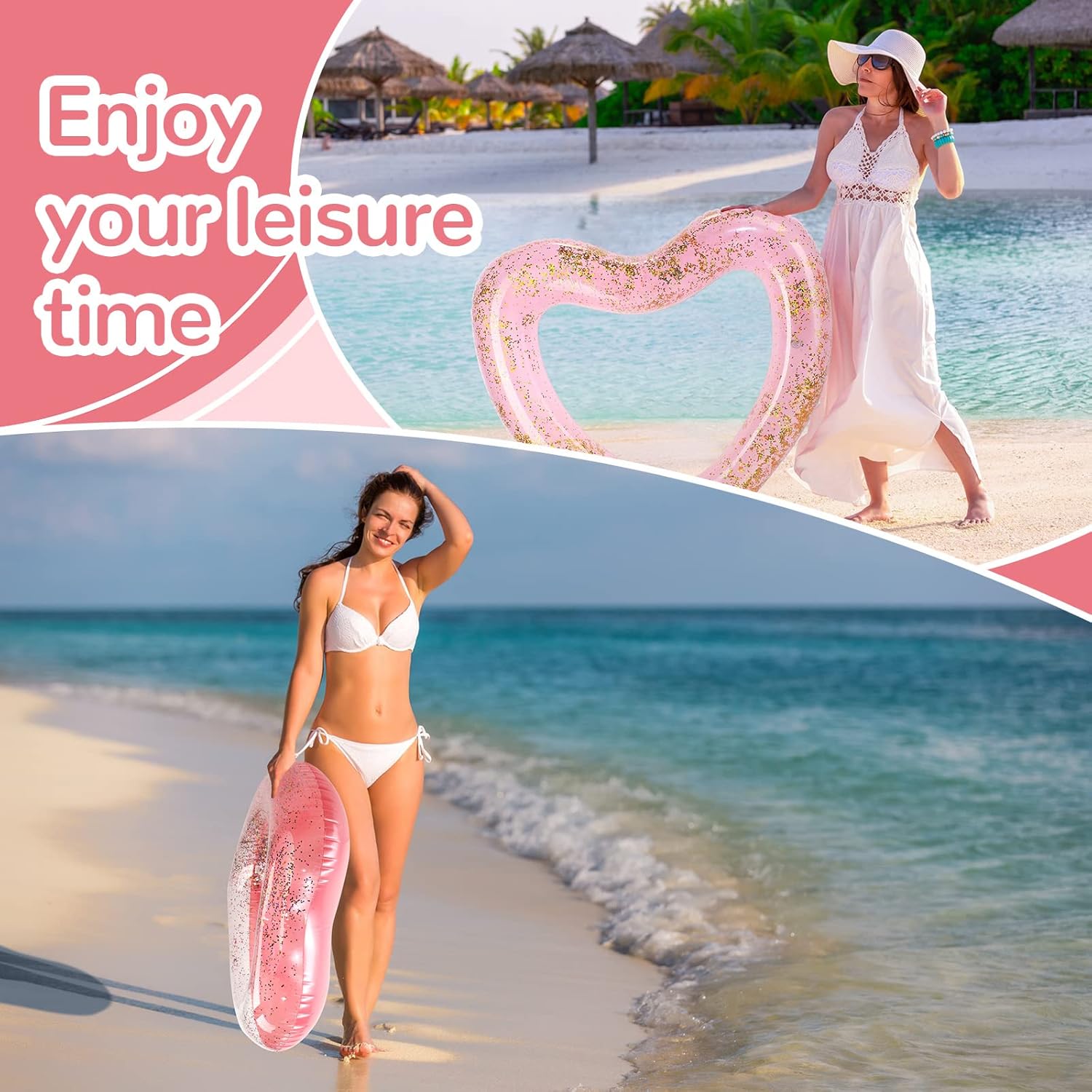 Lenwen 6 Pcs Heart Pool Float, 43"/31" Inflatable Glitter Heart Floatie Tubes Heart Bachelorette Party Prop Heart Summer Swimming Ring for Wedding Betrothal Party Decor