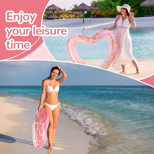 Miniatura 10 de Lenwen 6 unidades de flotador de corazón para piscina a granel, 43 pulgadas31 pulgadas, tubos flotantes inflables de corazón con purpurina para