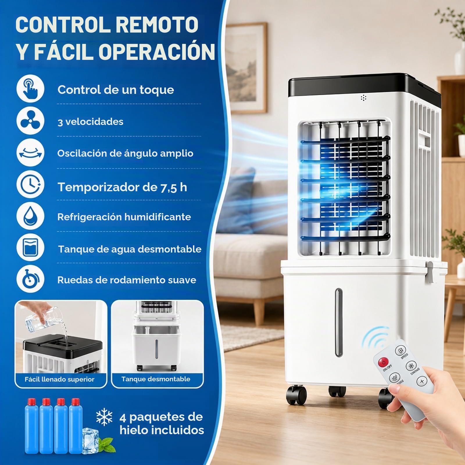 Aire Acondicionado Portátil/Enfriador Evaporativo, 3 Velocidades, Oscilación de 90°, Temporizador de 7,5 H, Control Remoto, para Oficina en Casa o Dormitorio