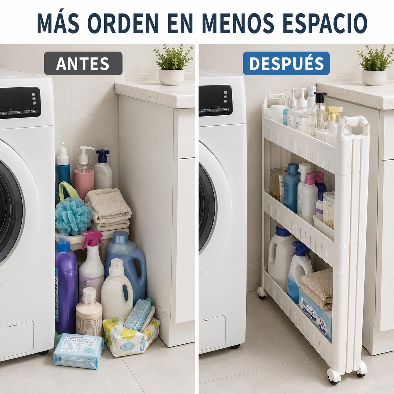 Genérico Carrito Estrecho de Almacenamiento con Ruedas, Estantería Móvil de Plástico con 4 Ganchos para Baño, Cocina, Lavadero, Blanco (73cm)