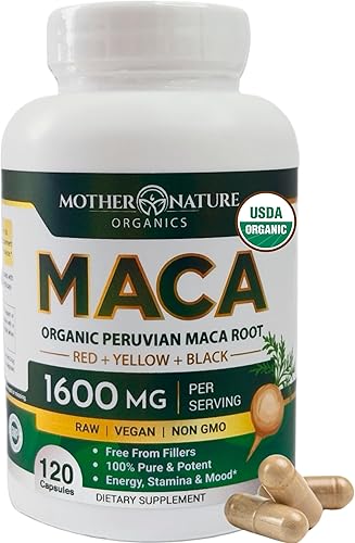 Mother Nature Organics Cápsulas de raíz de maca de 1600 mg  Pastillas de raíz de maca 100% orgánicas certificadas por USDA para mujeres y hombres