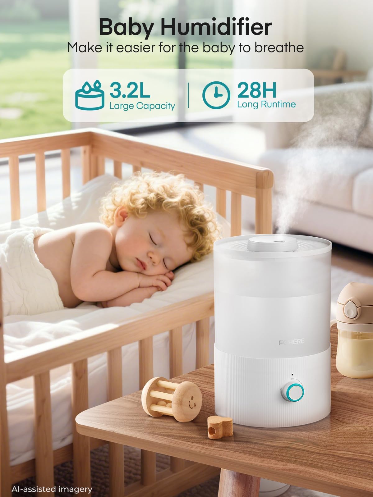 FOHERE Humidificateurs pour la chambre à coucher, humidificateur ultrasonique à remplissage par le haut de 3.2L à brume froide pour les chambres de bébé et les plantes, Blanc