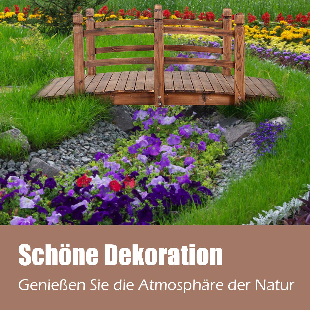 DREAMADE Holzbrücke für Garten/Dekoration, Teichbrücke aus massivem Holz, Dekobrücke Zierbrücke Gartenbrück mit Geländer