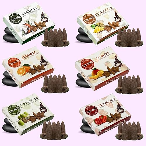 Miniatura 8 de Trumiri Conos de incienso de reflujo afrutado, paquete variado, total de 60 conos de incienso en cascada (6 aromas x 10 conos) - Fresa, coco, piña,
