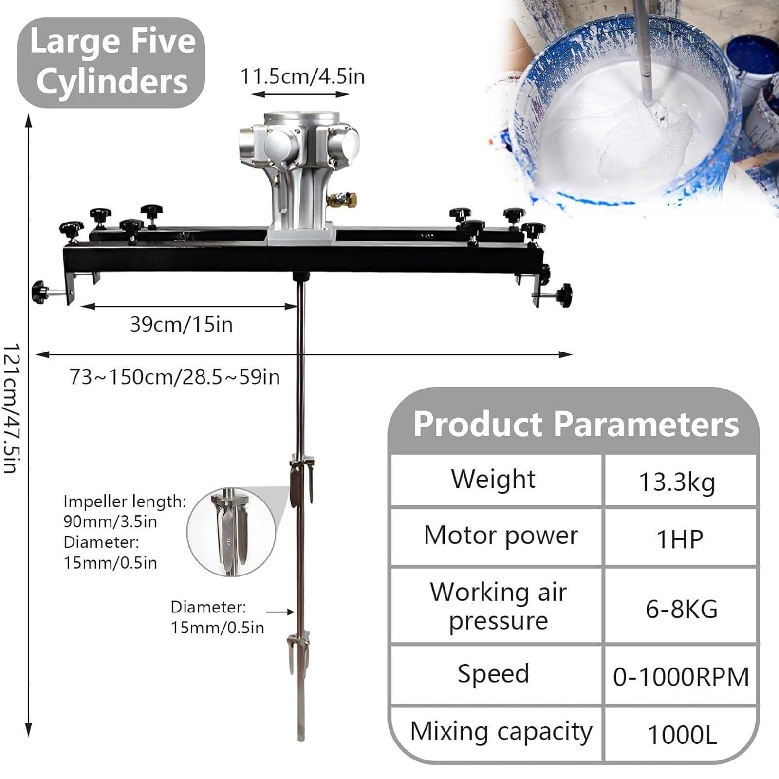 Mezclador neumático para tanques de 1000 L, agitador de aire para revestimiento y líquidos viscosos, herramienta eléctrica de mezcla de pintura con 3 cilindros, ideal para tinta y materiales gruesos