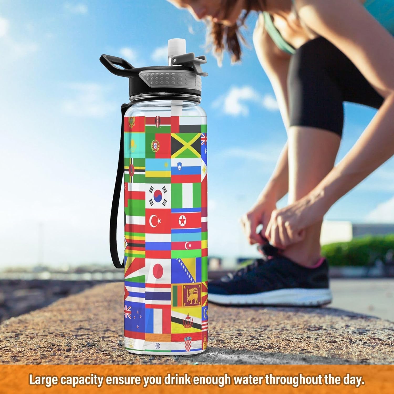 SUABO World Flag Print Pattern Water Bottles with Straw Sports Bottle Large Water Bottle with Handle Perfect for Fitness Gym Camping Cycling Hiking