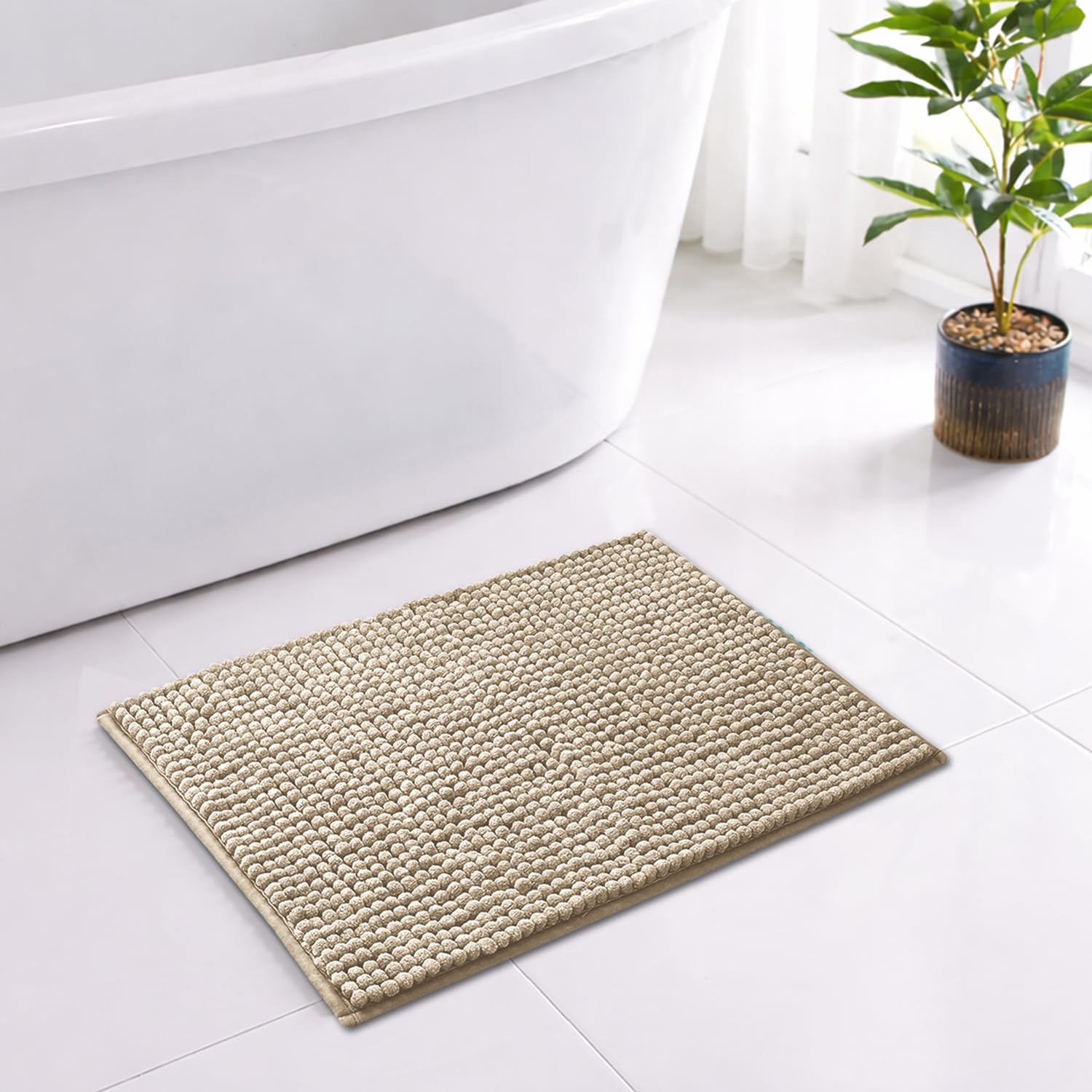 LUXE HOME INTERNATIONAL Shaggy Chenille Bath Mat Extra Soft Super Absorbent Anti Skid Popcorn Door Mats for Home Entrance, Bathroom, Bedroom, Kitchen, Floor Mat (40x60 cm Beige) Pack of 1-picture-36