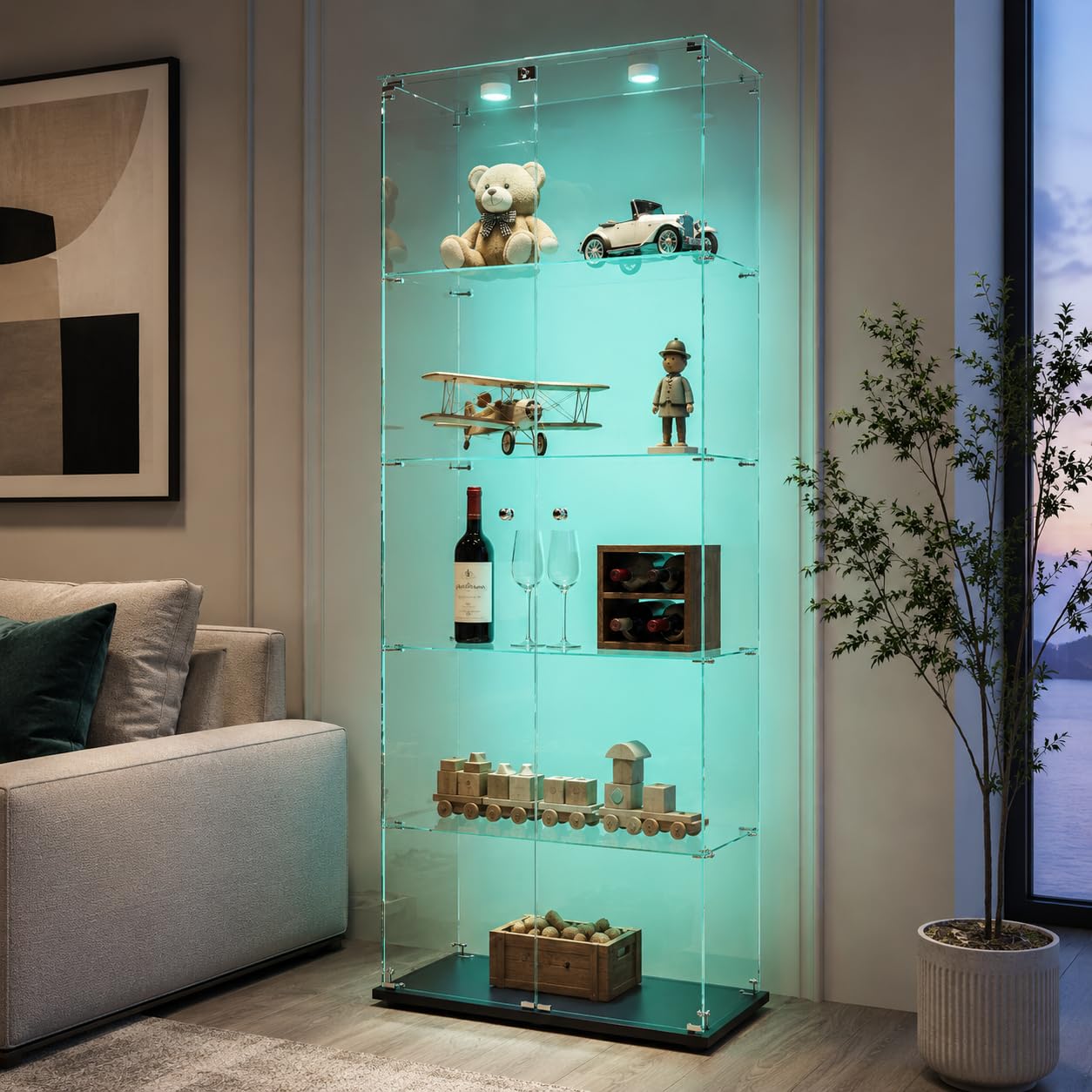 Glasvitrine Standvitrine,Glasvitrine Stehend mit Led,5 Lagen Glas Holz Glas Vitrine Vitrinenschrank 2 TüR und Schloss Vitrine Glasschrank Display Cabinet Sammlervitrine (Schwarz, 5 Etagen 2 Tür+LED-1) Küche, Haushalt & Wohnen