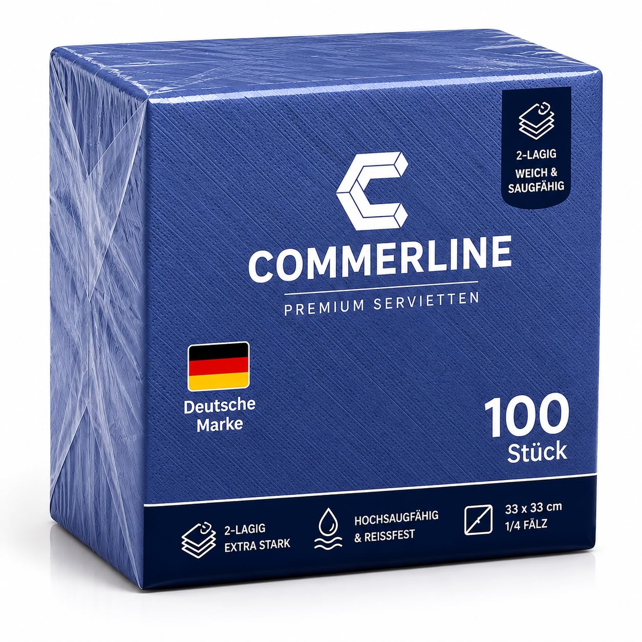 Commerline 1000 sztuk niebieskich serwetek 33 x 33 cm, 2-warstwowe, składane 1/4 – miękkie i chłonne serwetki papierowe do gastronomii, restauracji, cateringu, na imprezę, urodziny i wydarzenia