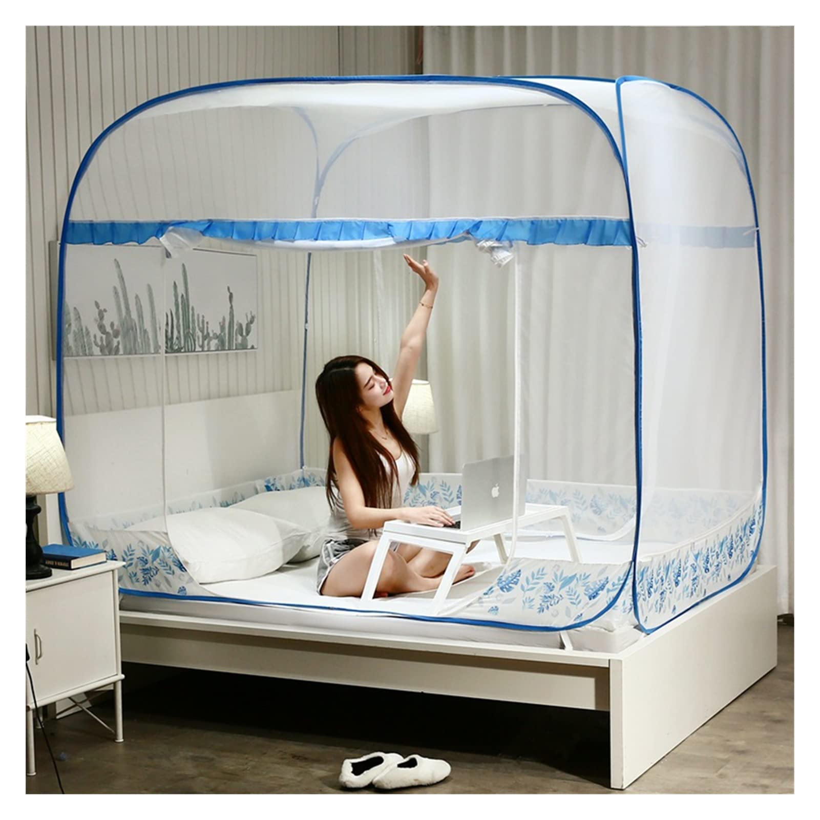 Mosquito Net Bed Canopy Automatic Square Top Zipper Encryption Folding Wire