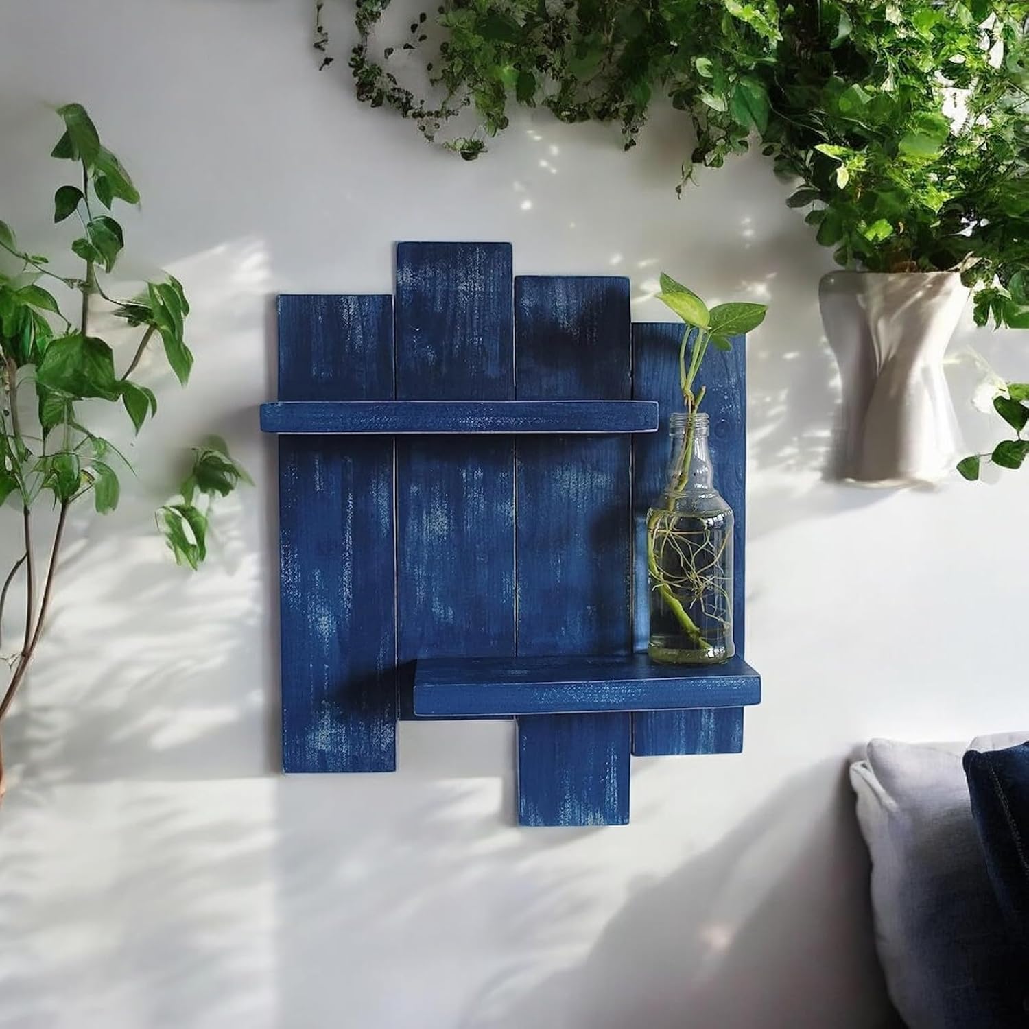 Rustic Mango Wood Wall Shelf, 37x40 cm, 2-Tier Decorative Shelving, Blue and White (Blue)-image-22