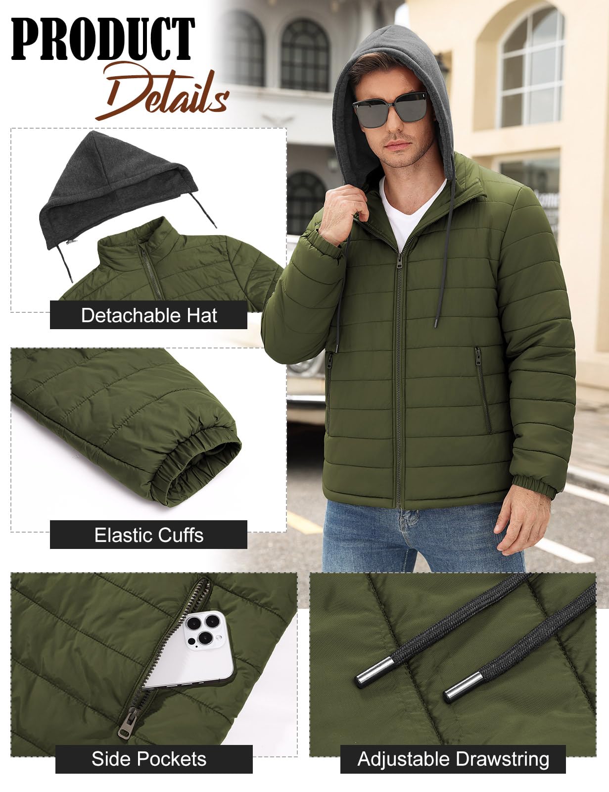 Xnova Chaqueta Acolchada Hombre Invierno Ligera Impermeable Cazadoras Entretiempo con Cremallera Chaquetas Softshell de Plumas Plumiferos Sudadera con Capucha Desmontable