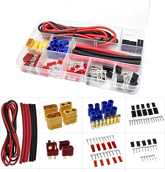 104pcs T-Plug EC3 XT60 Male Female Connector Adapters & Servo Plug Male Female Connector Crimp Pin Cable Kit +14AWG Silicone Wire for RC Battery Charger ESC Motor Accessories