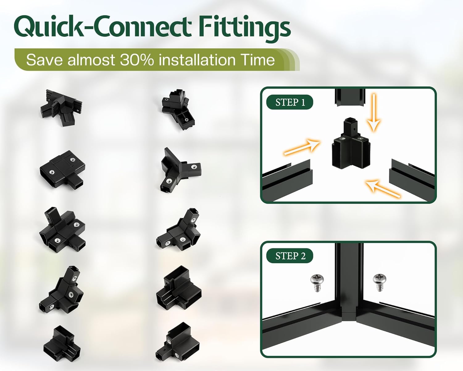 HOWE 12x10x8 FT Outdoor Greenhouse, Quick-Connect Aluminum Frame with 2 Vents, Dual Hinged Doors, UV-Protective Panels, Walk-in Chalet-Style Garden Greenhouse for Backyard, Black