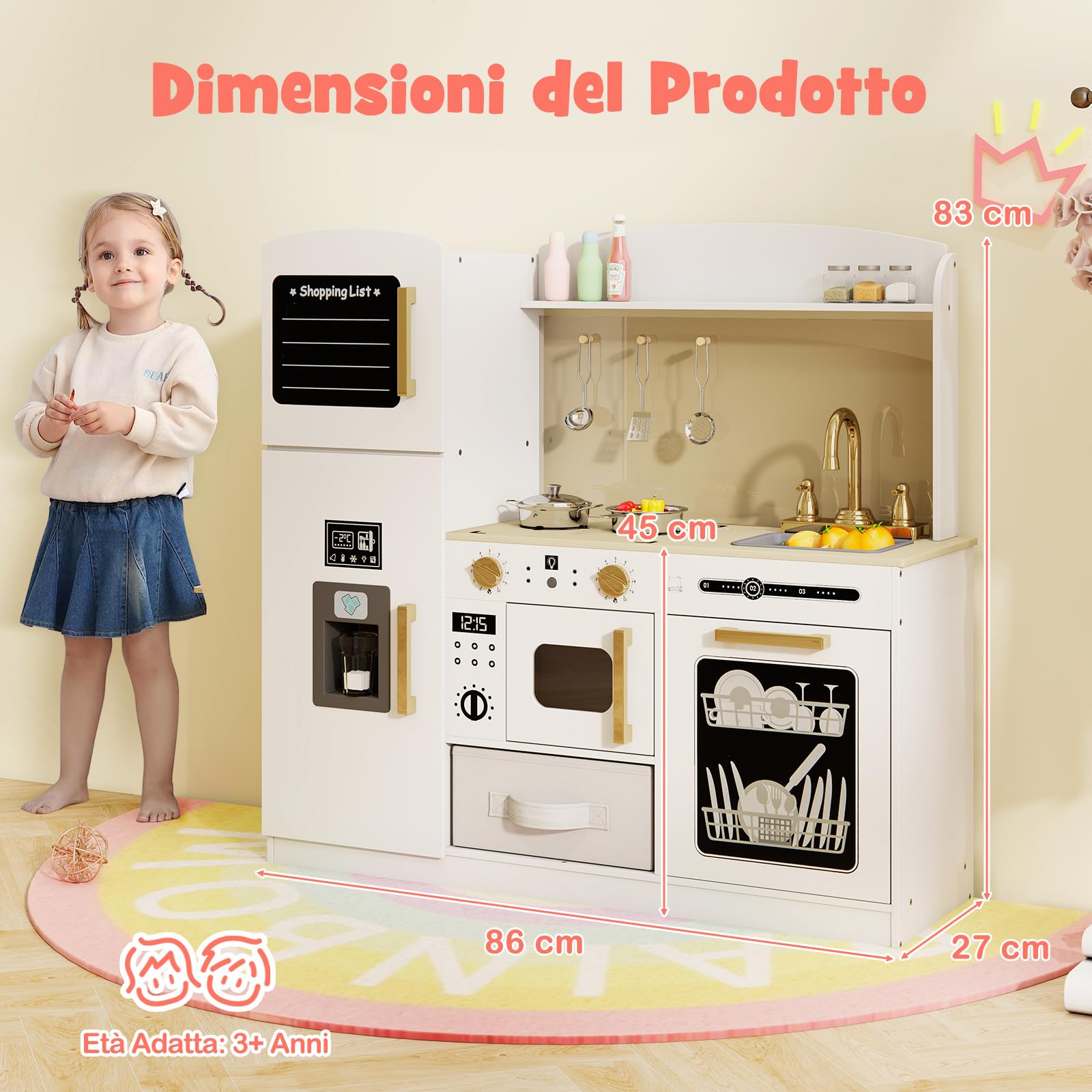 COSTWAY Cucina Giocattolo con Macchina del Ghiaccio e Microonde con Luce, Cucina per Bambini in Legno con 2 Lavagne, Lavandino e Cassetto in Tessuto, Set Cucina con 9 Accessori, 86 x 27 x 83 cm