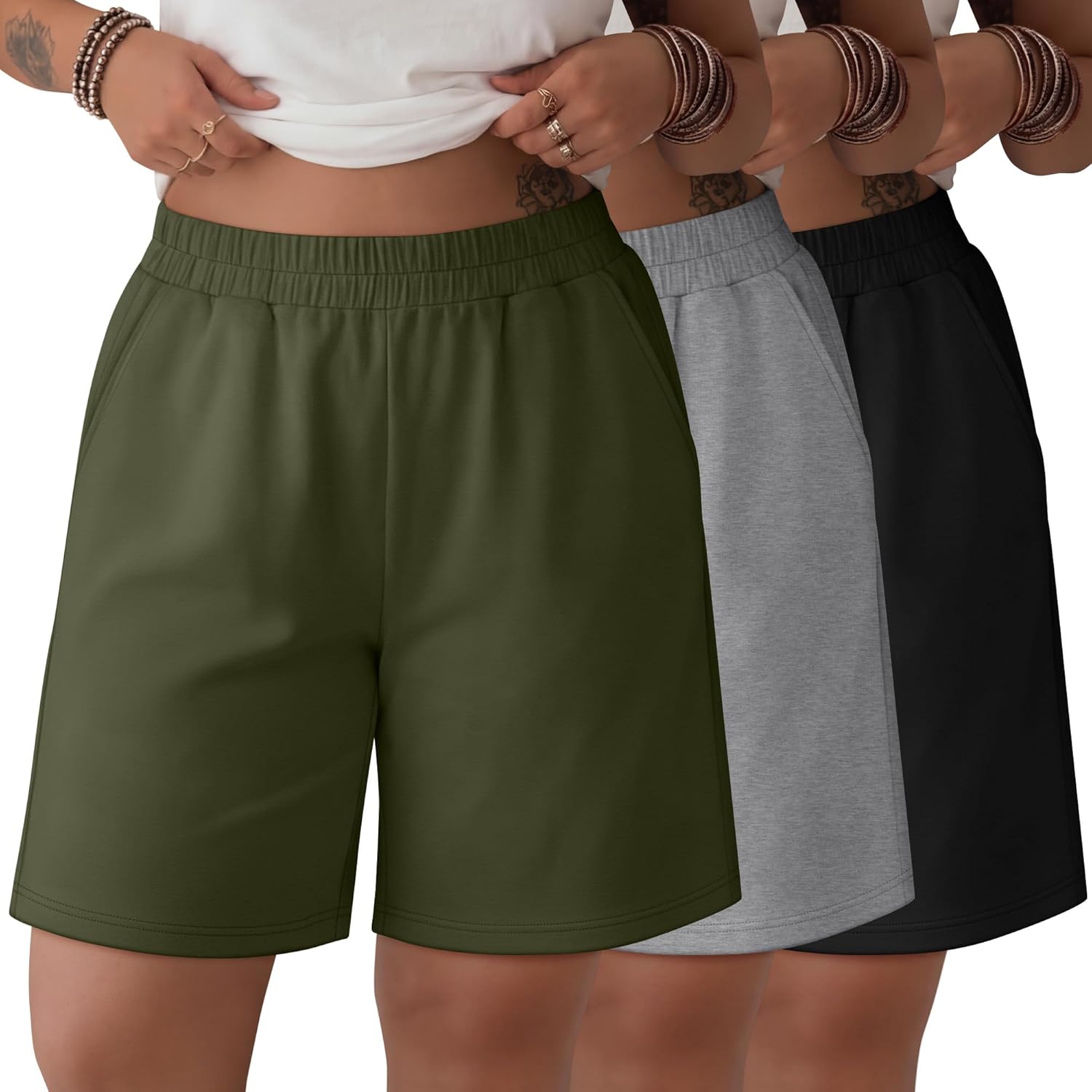 Evervibe 3 Pack Women Plus Size Bermuda Shorts Elastic High Waisted Casual Pants with Pockets Loose Summer Lightweight Shorts