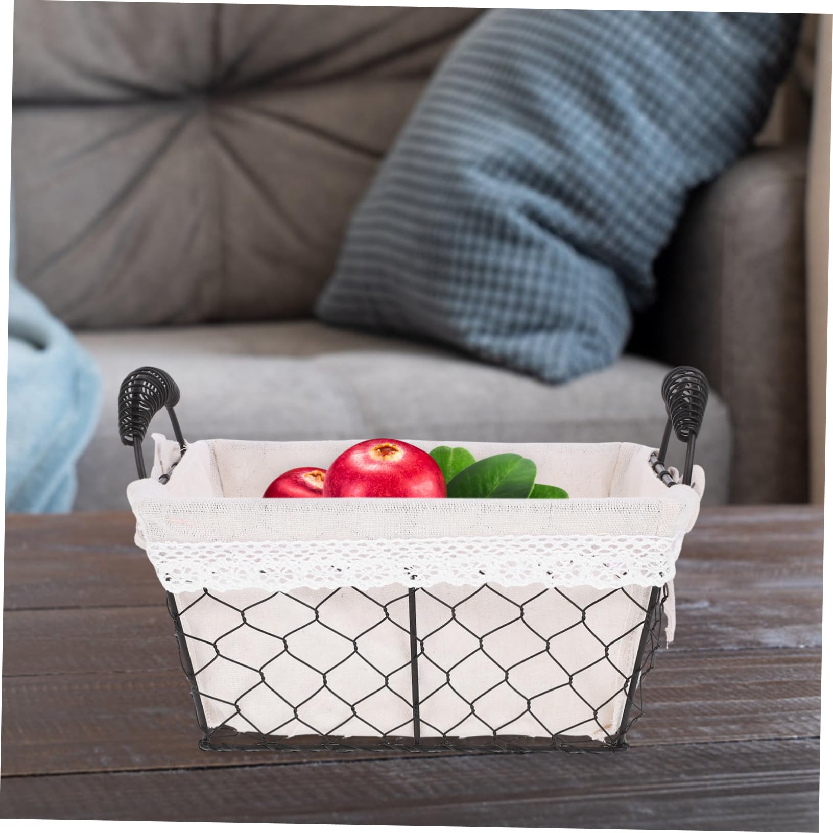 DECHOUS Nordic Style Iron Wire Basket with Lining Portable Double Handle Storage for Fruits Bread and Miscellaneous Items for Home Dining and Picnics