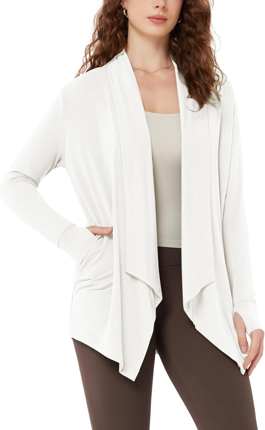 ODODOS Women's Drape Open Front Cardigans Cozy Soft Long Sleeve Casual Wrap Outerwear with Pockets Thumb Hole