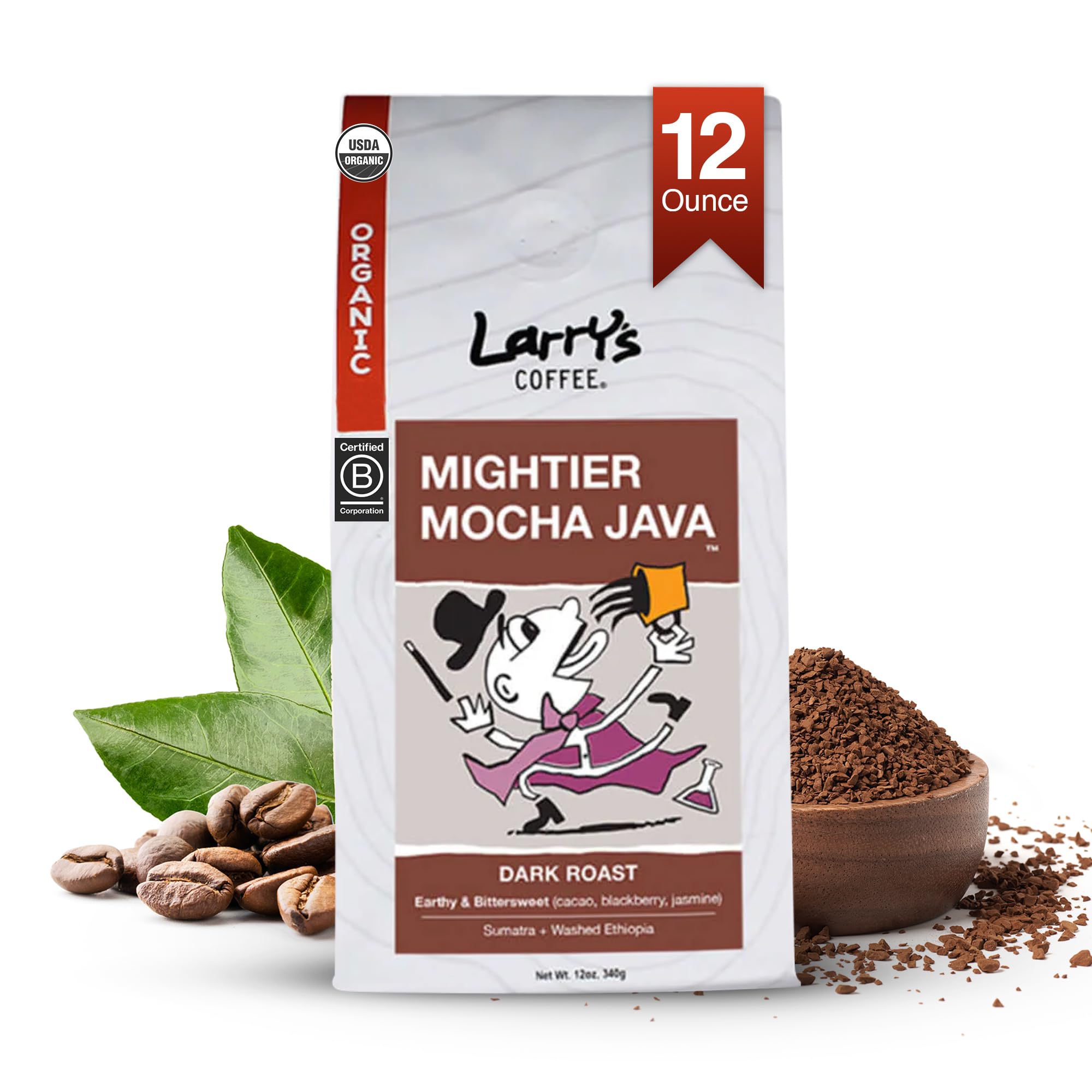 Larry's Coffee Whole Coffee Beans - Dark Roast | Air Vacuum Sealed | USDA Organic, Fair Trade, Shade-Grown | Rich Smooth Flavor & Aroma | Earthy & Bittersweet Blend | Mightier Mocha Java, 12oz